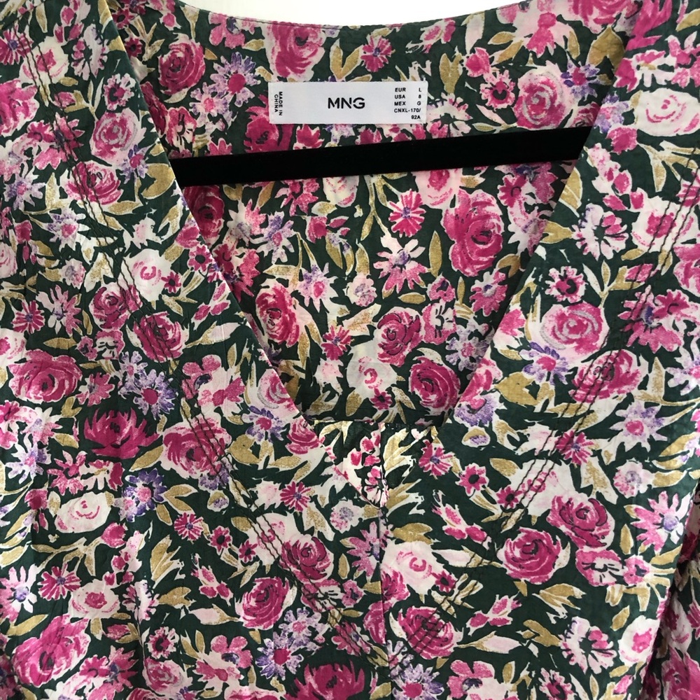 Mango Floral Midi Dress in Green and Pink